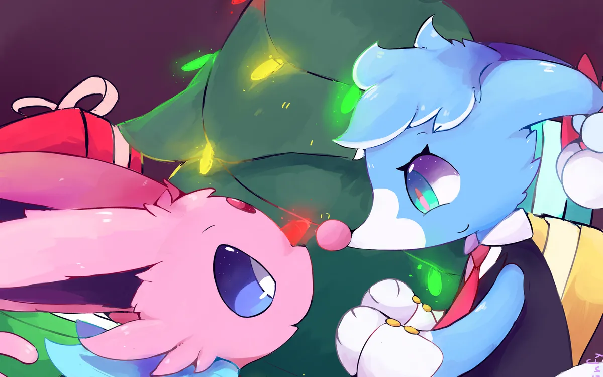 Brionne and Espeon in front of a christmas tree.