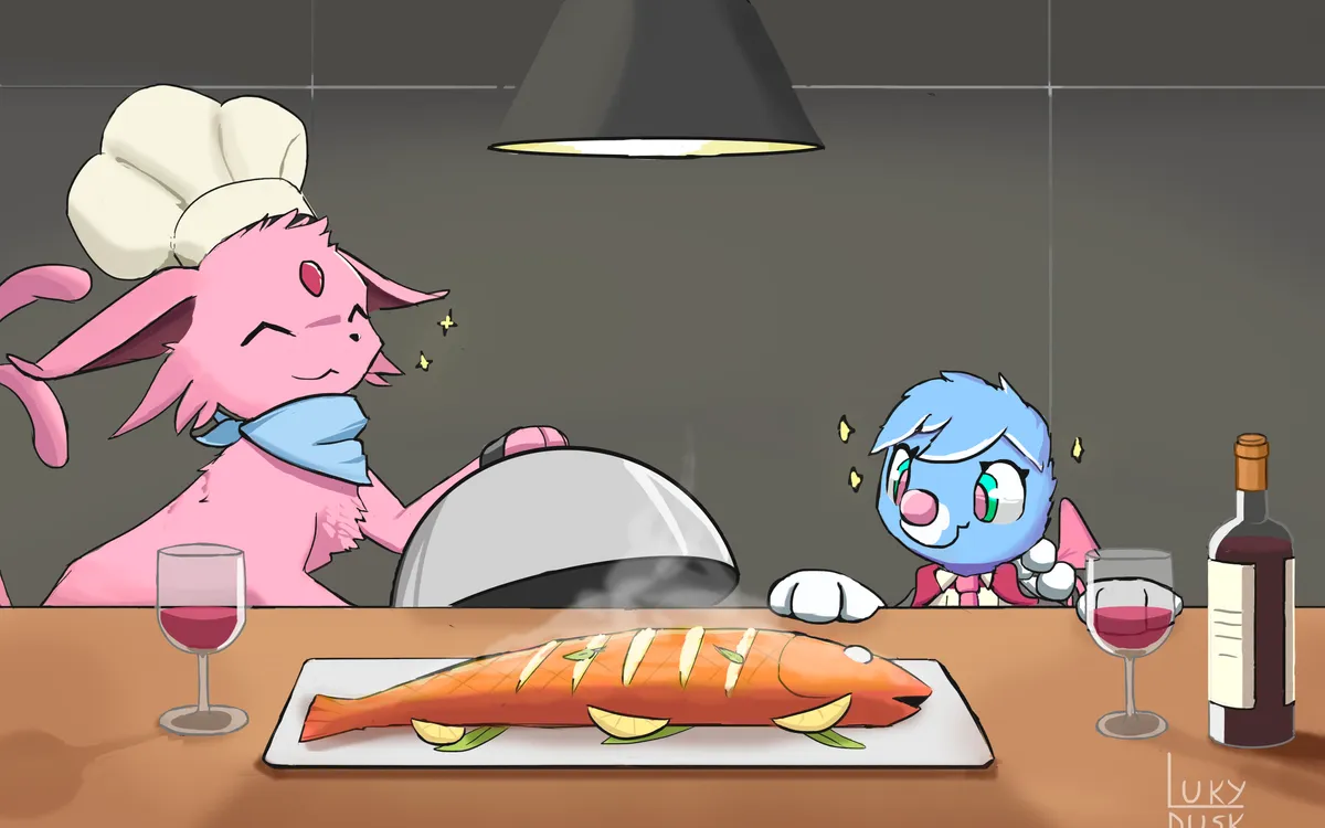 Brionne and Espeon having fish dinner