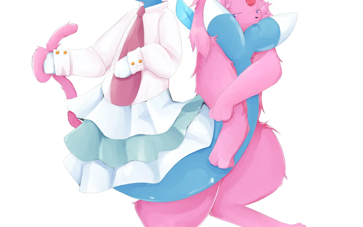 Espeon nibbling Brionne's tail